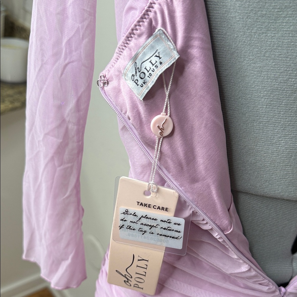 Oh Polly Pink Ruched Mesh Mini Dress Long Sleeve Bodycon Size 6 NWT - Picture 3 of 10